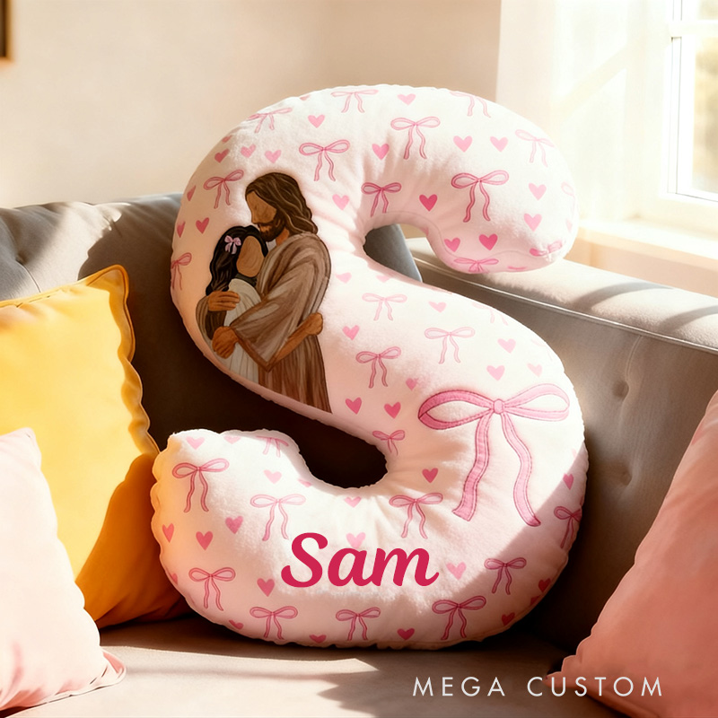 Personalized God is My Savior Jesus Holding Letter Pillow with Custom Name Kid Room Decor Pink Bows Heart Christian Pillow Religious Gift for Her