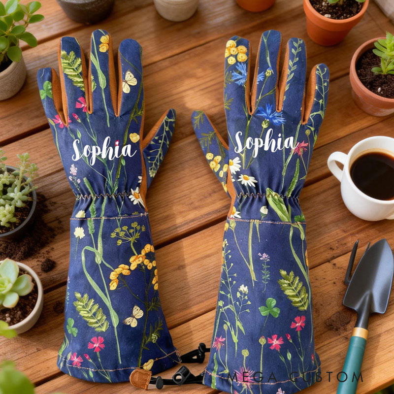Personalized Floral Garden Gloves Long Cotton Twill Arm Protection with Name for Gardener and Gardening Lovers