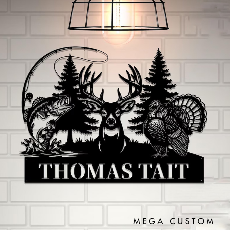 Personalized Hunting Name Metal Sign Custom Deer Turkey & Bass Fishing Wall Art Outdoor Hunting Decor Hunter Gift Name Sign
