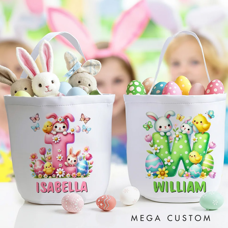 Personalized Cartoon Bunny Easter Eggs Large Capacity Canvas Easter Basket with Name and Initial Eggs Hunting Party Easter Gift for Kids