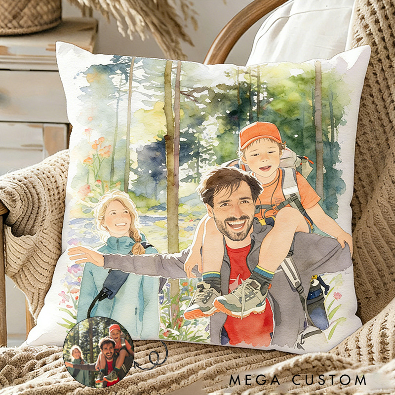 Personalized Custom Watercolor Family Portrait Pillow Custom Photo Pillows for Family Outdoor Hiking Camping Lover