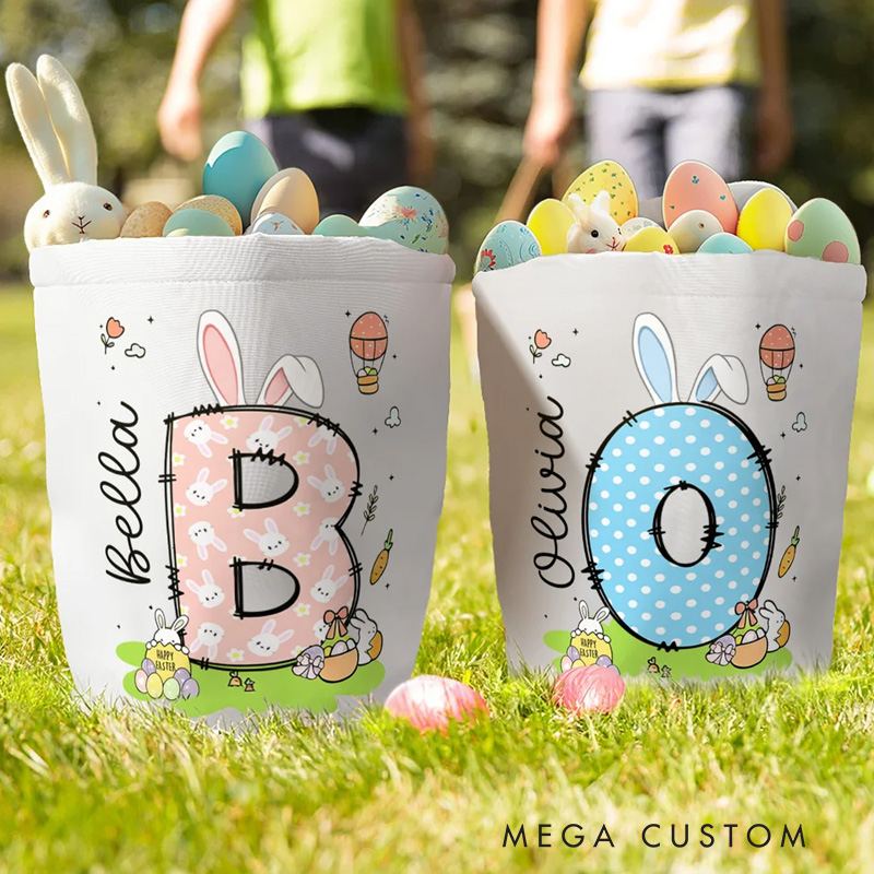 Personalized Bunny Ears Initial Hot Air Balloon Canvas Easter Basket with Name Eggs Hunting Party Easter Gift for Kids