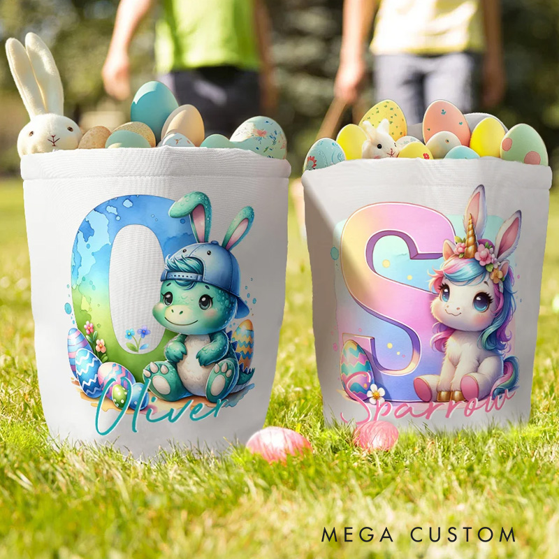 Personalized Cute Fantasy Rainbow Horse Dinosaur Canvas Easter Basket with Initial and Name Party Favor Eggs Hunting Easter Gift for Kids