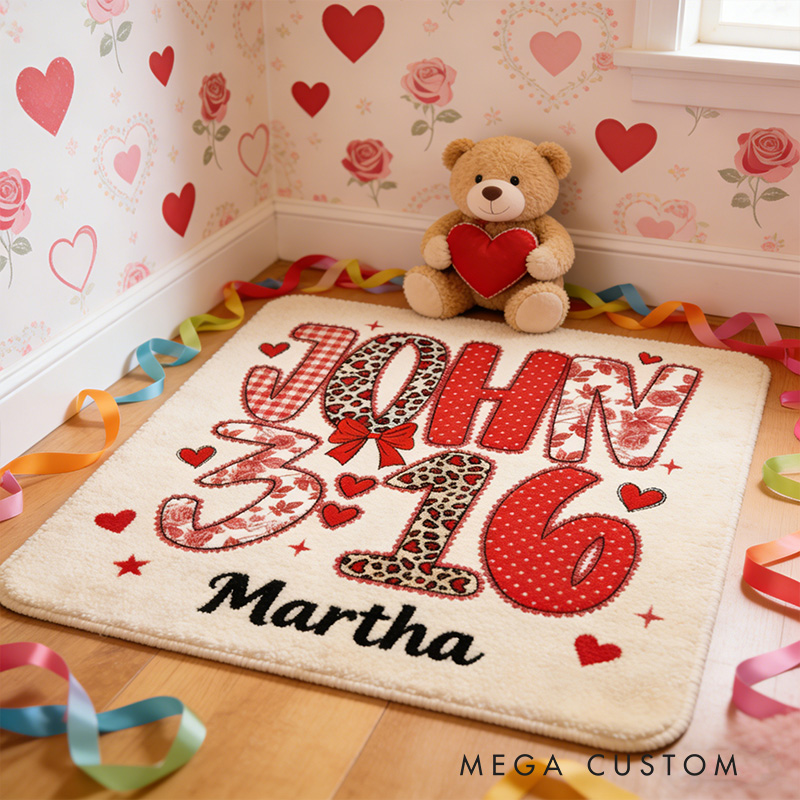 Personalize John 3:16 Christian Valentine Rug with Custom Name Preppy Valentine Bible Verses Rug Coquette Valentine Gift for Her Bible Gift