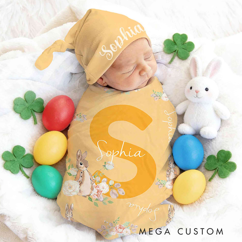 Personalized Name Peter Rabbit Bunny Alphabet Receiving Blanket with Hat Swaddle Hat Set for Baby Girl Boy Birthday Baby Shower Easter Gift for Newborns