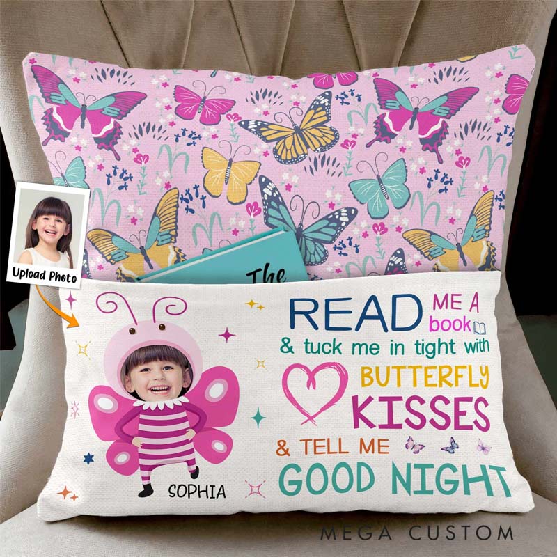 Personalized Photo Book And Butterfly Kisses Pocket Pillow with Name for Bookish Kids Book Lover Reading Lover