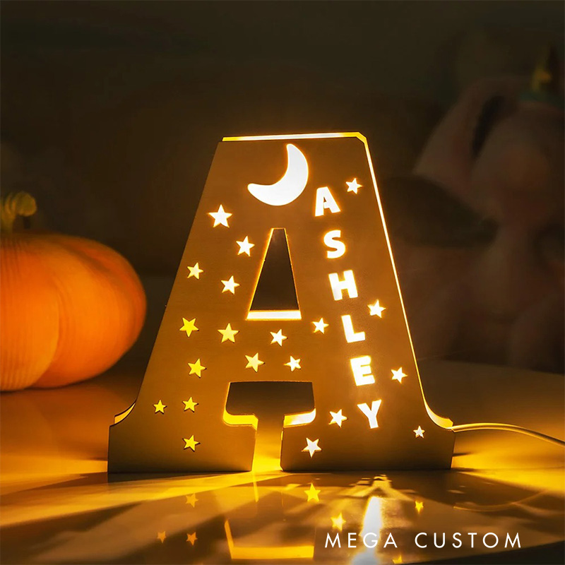 Personalized Letter Theme Custom Name Soft Yellow Glow Decorative Initial Shape Wooden Night Light