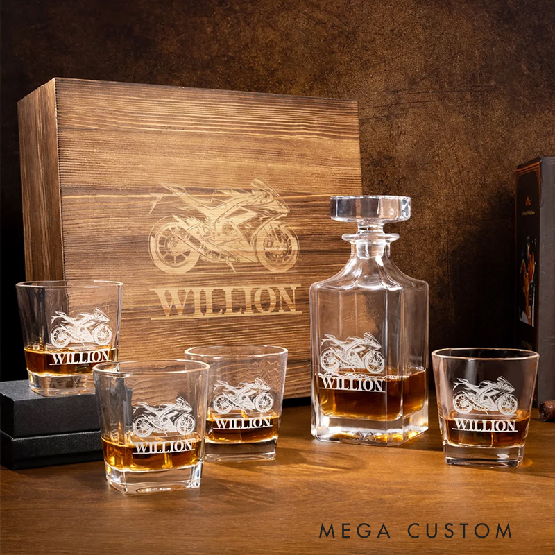Personalized Motorcycle Gifts Custom Engraved Whiskey Decanter and Glass Set with Name Wooden Box for Biker and Whiskey Lovers