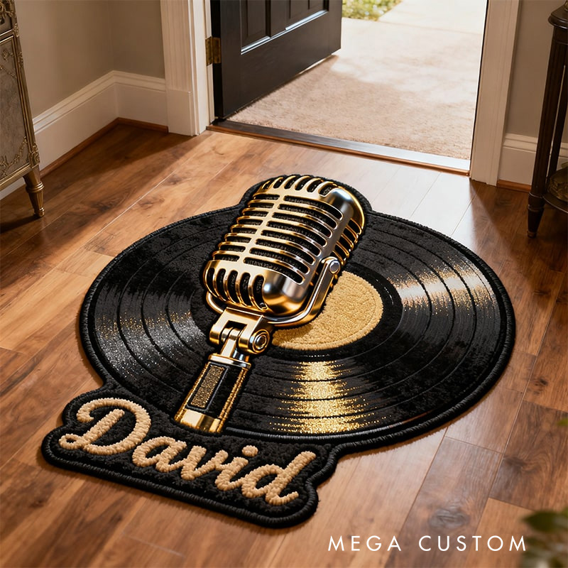 Personalized Record And Microphone Rug for Music Lovers Gift for Kids Singer Music Studio