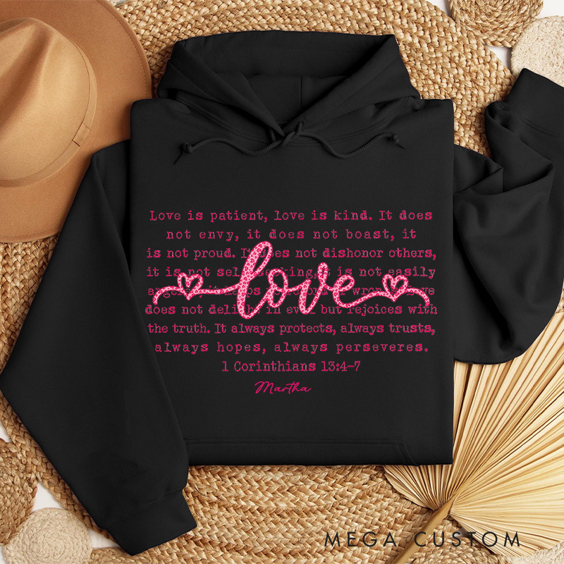 Personalized Love is Patient Love is Kind Classic Hoodies with Custom Name Retro Love Leopard Christian Valentine Sweatshirt Valentine's Day Gift