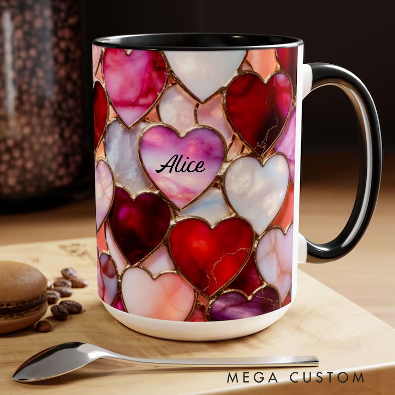 Personalized Stained Glass Hearts Mug with Name Romantic Pastel Coffee Cup Birthday Gift 