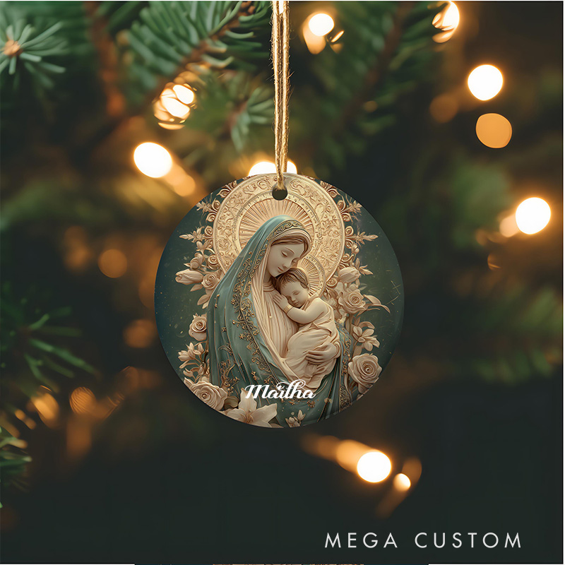 Personalized Our Lady of Joy Catholic Ceramic Christmas Ornament with Custom Name Madonna & Child Relief Style Catholic Ornament Gift Mom Gift