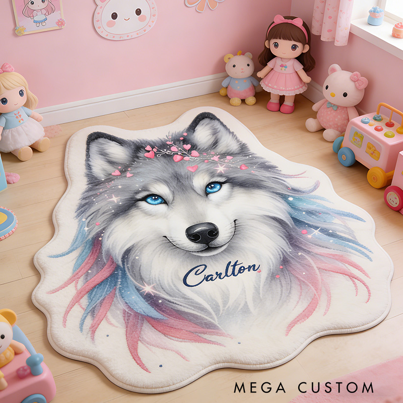 Personalized Custom Watercolor Wolf Rug for Kids' Room Nature Lovers Rug Gift for Wildlife Outdoors