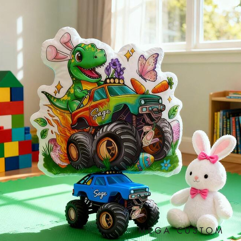 Personalized Monster Truck Theme Custom Name Fun Dinosaur Driver Adventure 3D Print Pillow