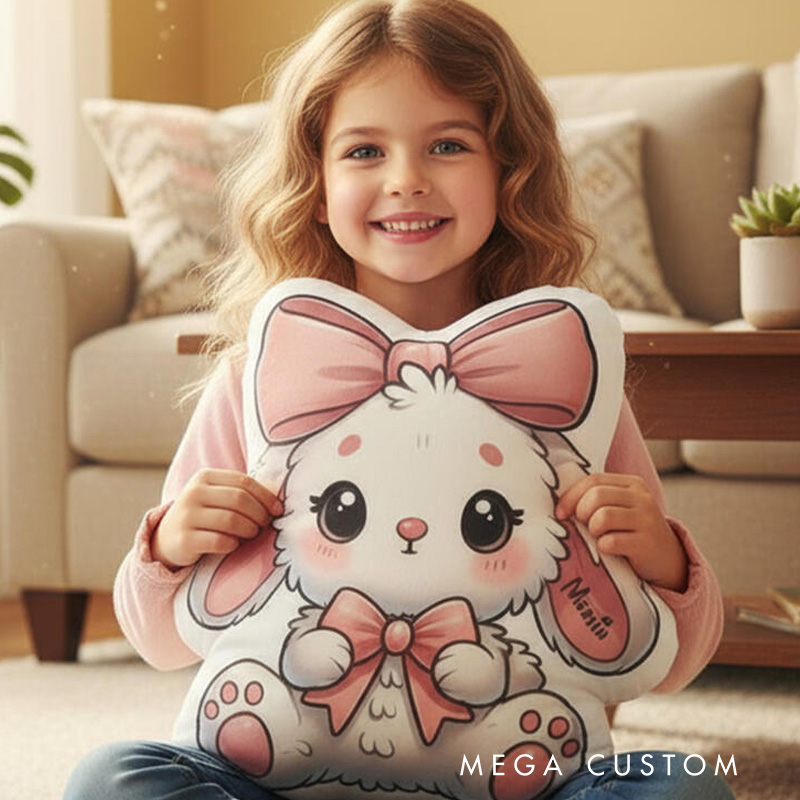 Personalized Bunny Theme Custom Name Cute Pink Bow Adorable Fluffy Rabbit Style 3D Print Pillow