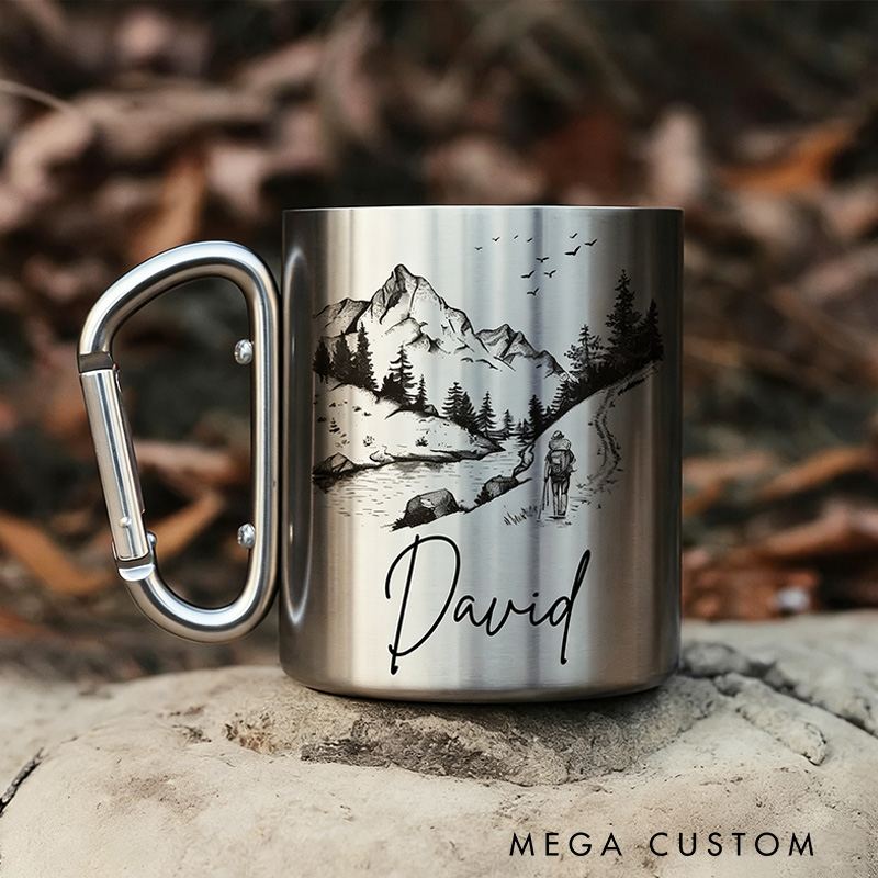 Personalized Hiking Mug Custom Stainless Steel Carabiner Cup Hiker Gift Nature Coffee Mug Backpacking Travel Mug