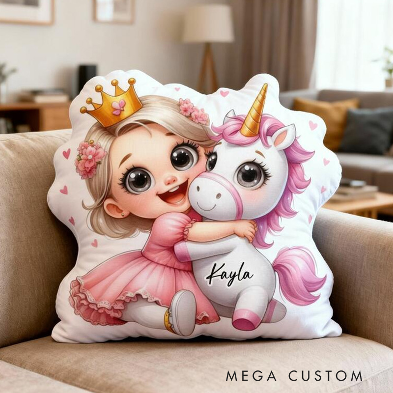 Personalized Princess Theme Custom Name Cute Girl Hugging Dream Horse Pink Crown Style 3D Print Pillow