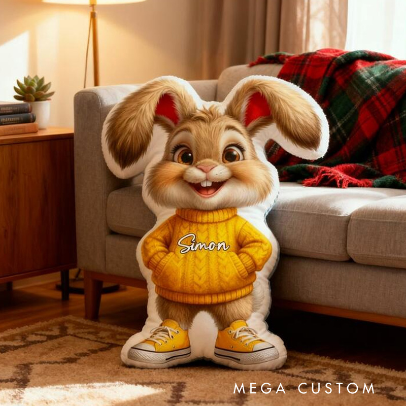 Personalized Bunny Theme Custom Name Cute Rabbit Wearing Yellow Sweater Style 3D Print Pillow