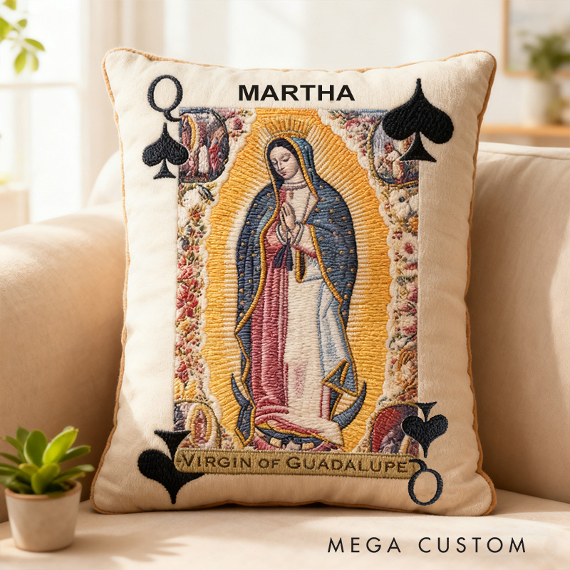 Personalized Virgin of Guadalupe Holy Playing Card Pillow with Custom Name Home Decor Unique Religious Gift Catholic Saints Deck Graphic 3D Print