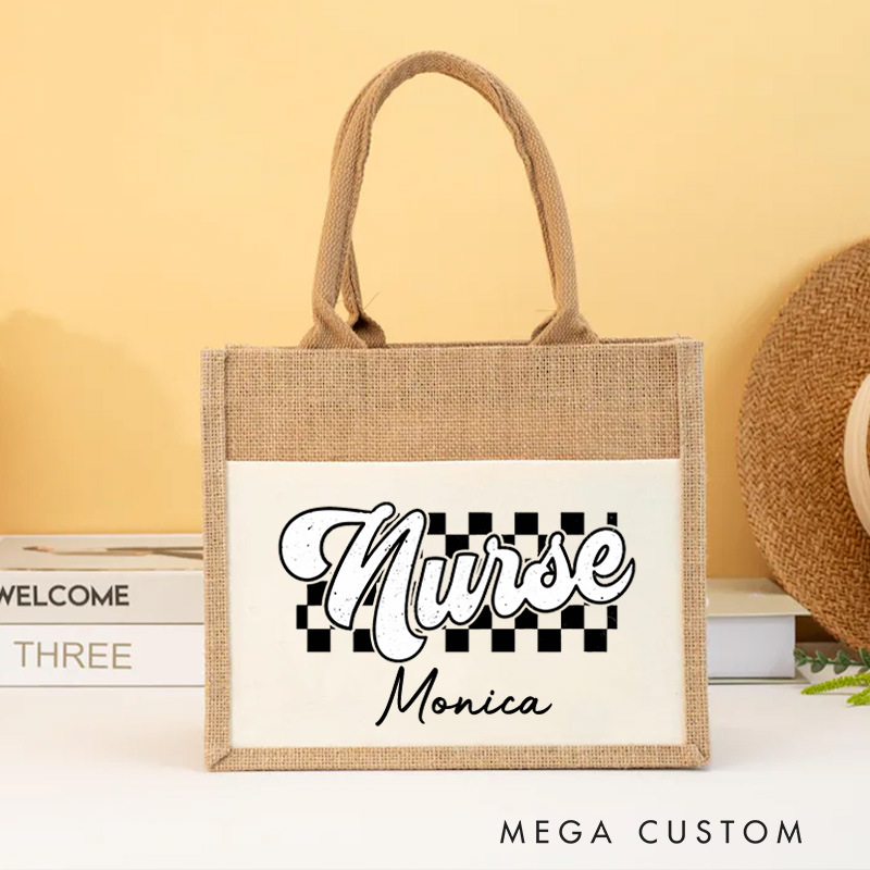 Personalised Nurse Burlap Tote Bags Checkered Care Nurse in Style Design Perfect Gift for Yourself or a Loved One