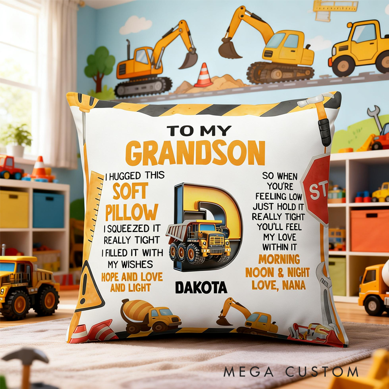 Personalized Cartoon Excavator Soft Throw Pillow Cover with Name and Initial Home Decor Birthday Children's Day Gift for Kids