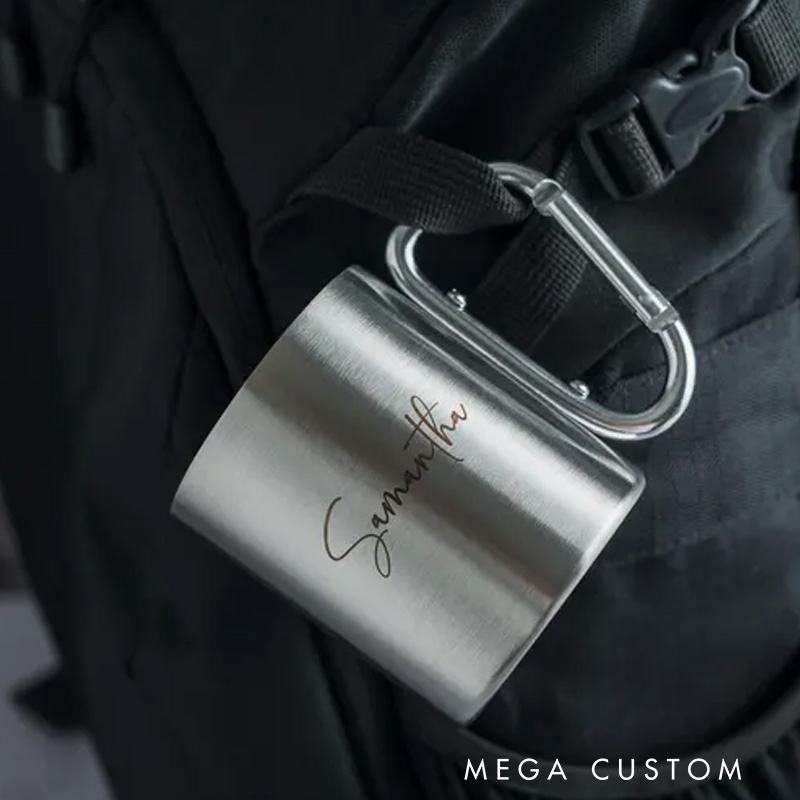 Personalized Camping Mug Engraved Stainless Steel Carabiner Mug Backpacker Mountain Climber Mug gift for hiking Outdoors 