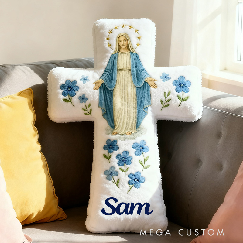 Personalized Catholic Virgin Mary Cross Pillow with Custom Name Home Decor Our Lady Pillow Blue Floral Catholic Marian Pillow Christian Gift for Women