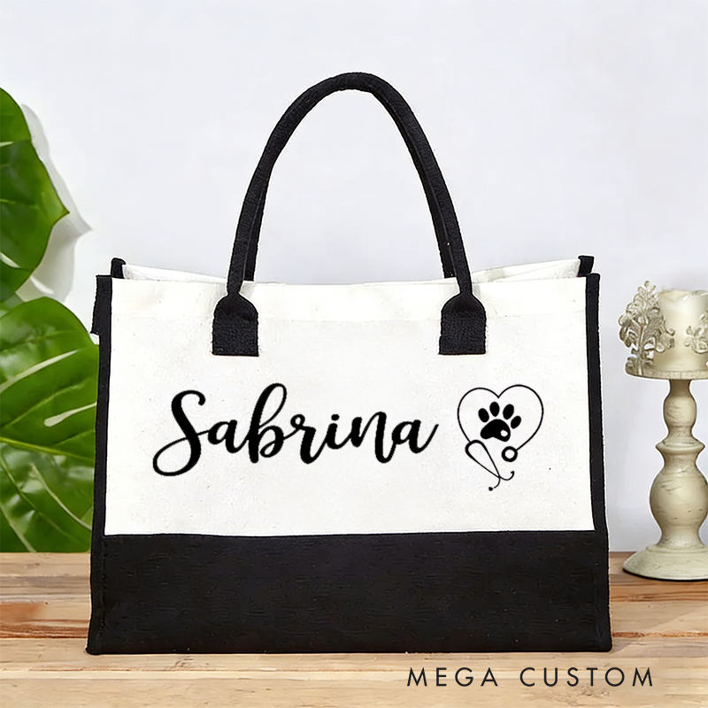 Personalized Nurse Tote Bag Custom Name Paw Stethoscope Design Bag Thoughtful Gift for Animal Nurses