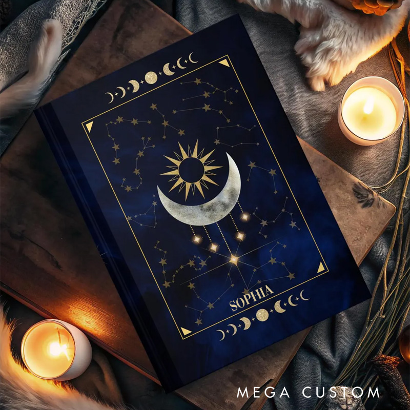 Personalized Sun & Moon Phases Hardcover Journal Dark Celestial Notebook Magic Lover Gift