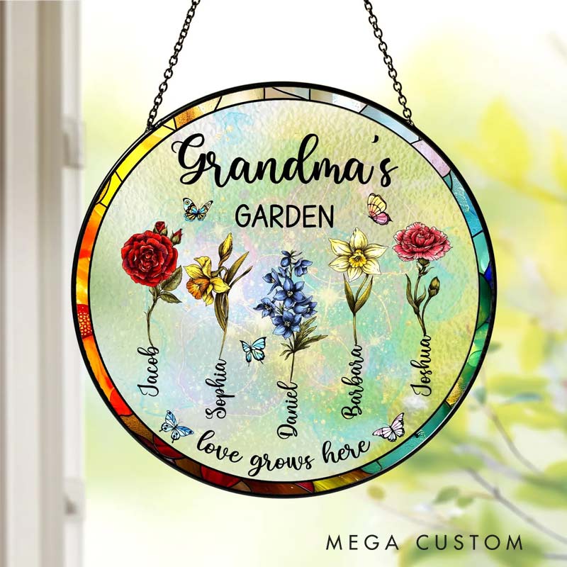 Personalized Birth Month Flower Fairy Stained Glass Suncatcher Grandma's Garden Gift with Name for Gardening Lovers