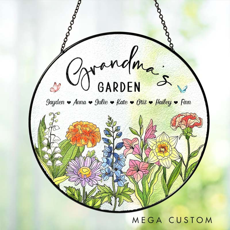 Personalized Birth Flowers Glass Art Suncatcher Grandma's Garden Gift with Name for Gardening Lovers