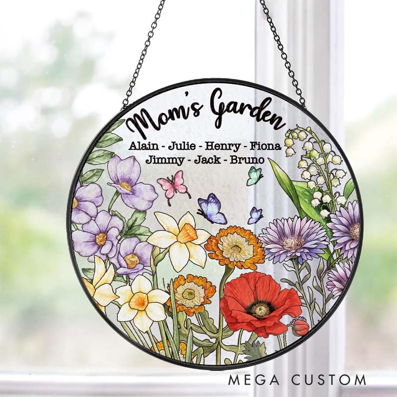 Personalized Birth Flowers Grandma's Garden Stained Glass Suncatcher with Name for Gardening Lovers