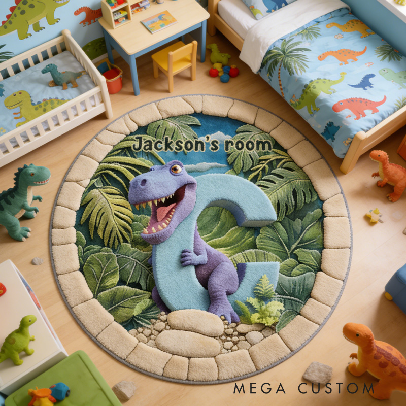 Personalized Dinosaur Theme Custom Name Jungle Adventure Green T Rex Playtime Carpet Rug for Kids