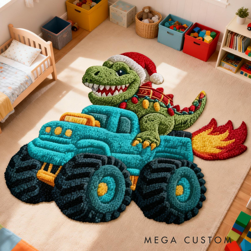 Personalized Monster Truck Theme Custom Name Cool Dinosaur Driver Fire Wheel Carpet Rug for Kids