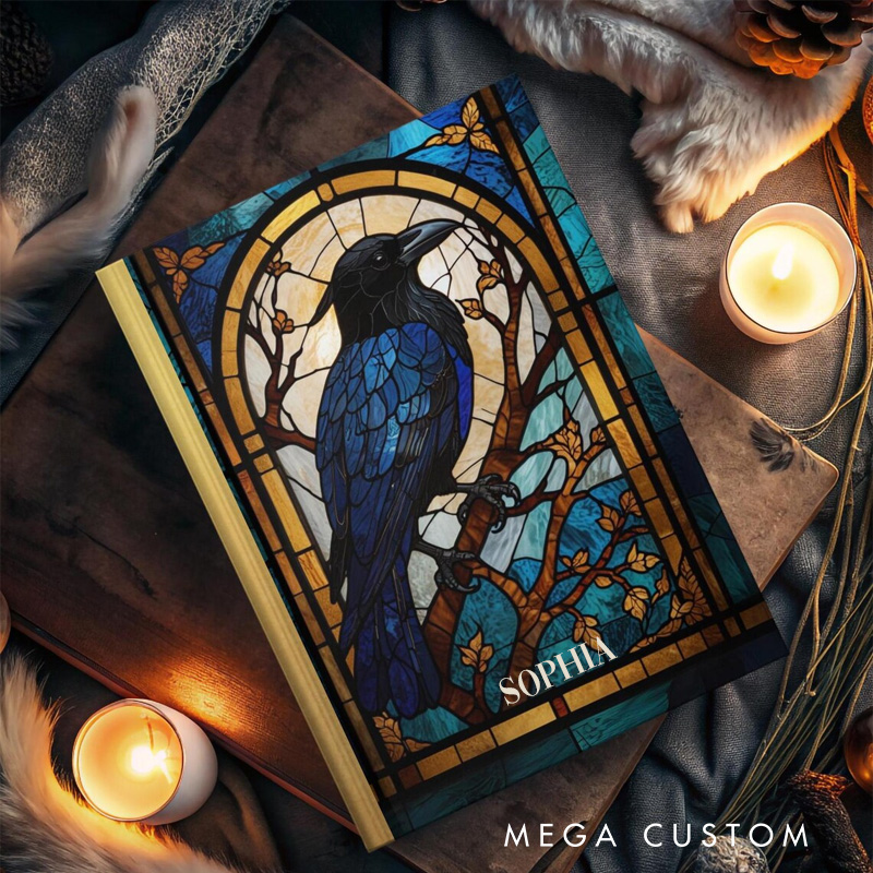 Personalized Faux Stained Glass Raven Hardcover Journal Witchy Notebook Magic Lover Gift Manifestation Spell Book