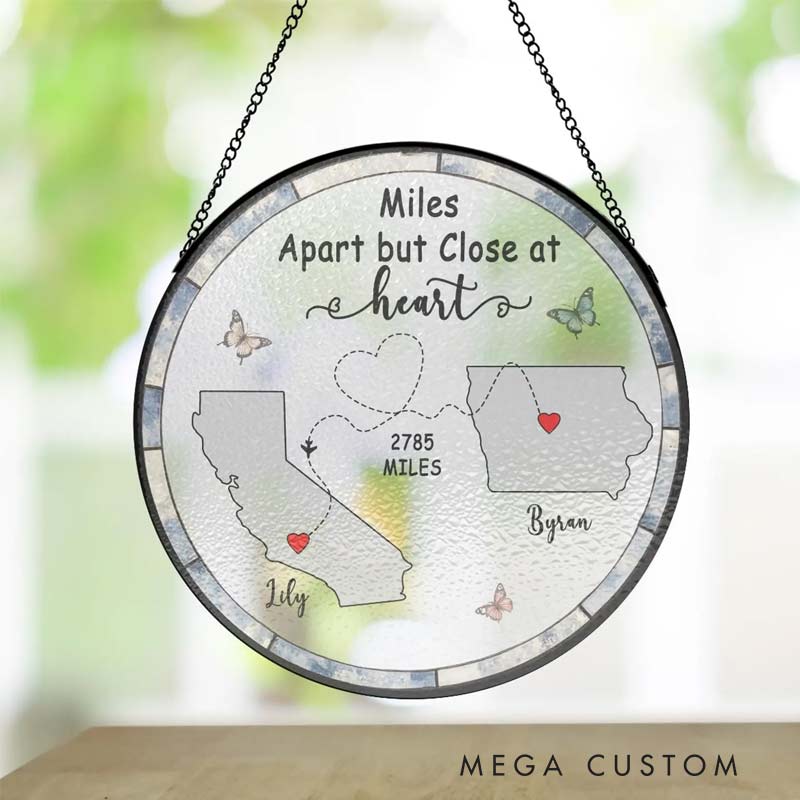 Personalized Long Distance Friendship Relationship Stained Glass Suncatcher Miles Apart Keepsake for Traveling Lovers 