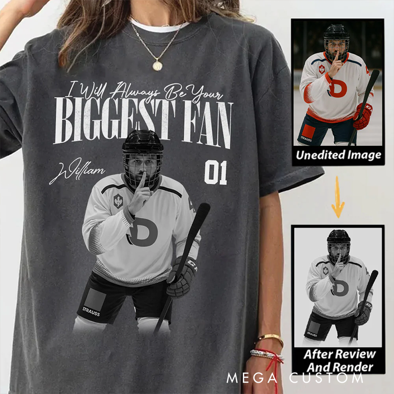 Personalized Ice Hockey Fan Washed T-Shirt with Custom Player Image, Name, and Number