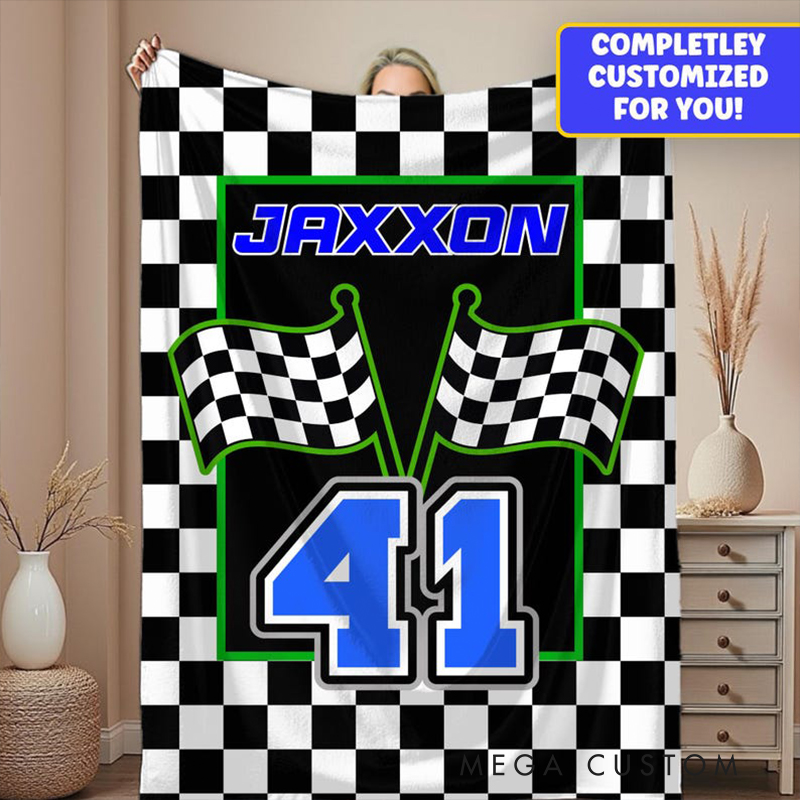 Personalized Racing Gifts Custom Name and Number Blanket with Checkerboard Flag Design Black and White Throw for Racing and Car Lovers