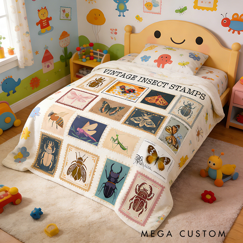 Personalized Vintage Insect Stamps Blanket Retro Bugs Kid Blanket Vintage Entomologist Blanket Outdoor Nature Enthusiasts Gift