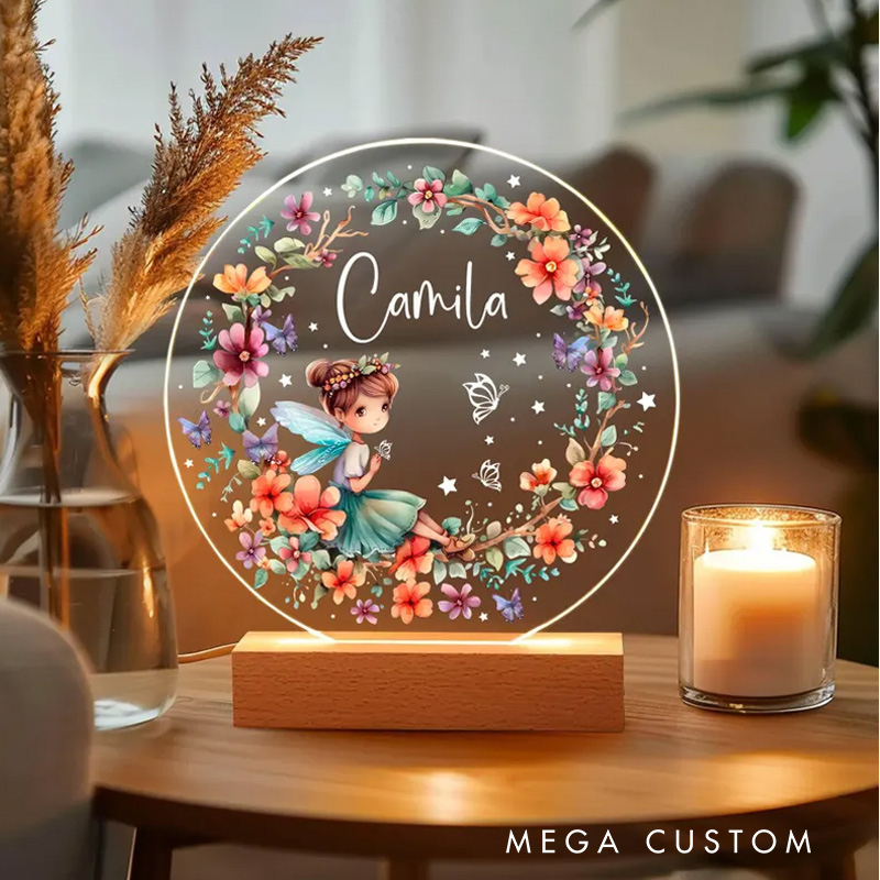 Personalized Fairy LED Night Light Floral Butterfly Lamp with Name for Kids Girls Gardener Floral Light Gardening Gift
