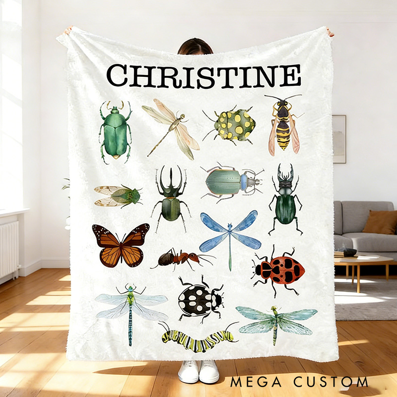 Personalized Insect Collection Blanket Retro Bugs Kid Vintage Entomologist Blanket Outdoor Nature Enthusiasts Gift