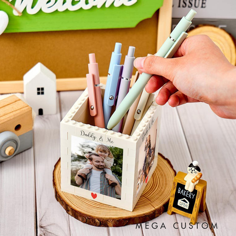 Personalised Daddy & Me Brick Photo Block Pencil Pot Brick-Inspired Organizer Customized Photo Block Pencil Holder Gifts for Dad Kids Children Student