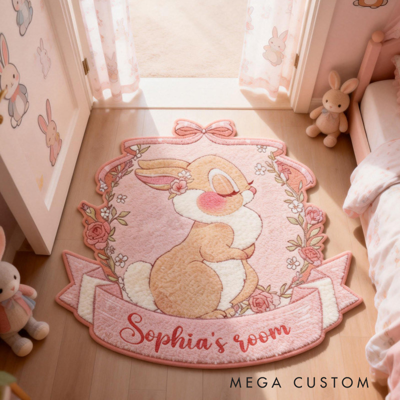 Personalized Bunny Theme Custom Name Cute Pink Bow Floral Wreath Soft Pastel Carpet Rug for Kids