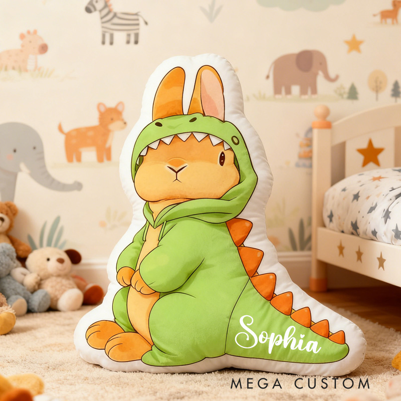 Personalized Bunny Theme Custom Name Cute Rabbit Wearing Green Dinosaur Costume 3D Print Pillow