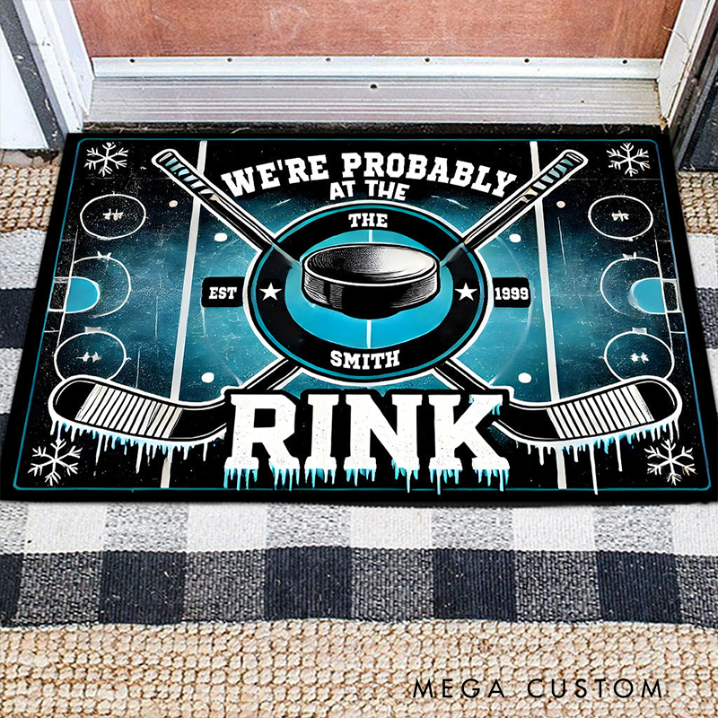 Personalized Ice Hockey Rink Doormat with Custom Name and Year for a Unique Welcome
