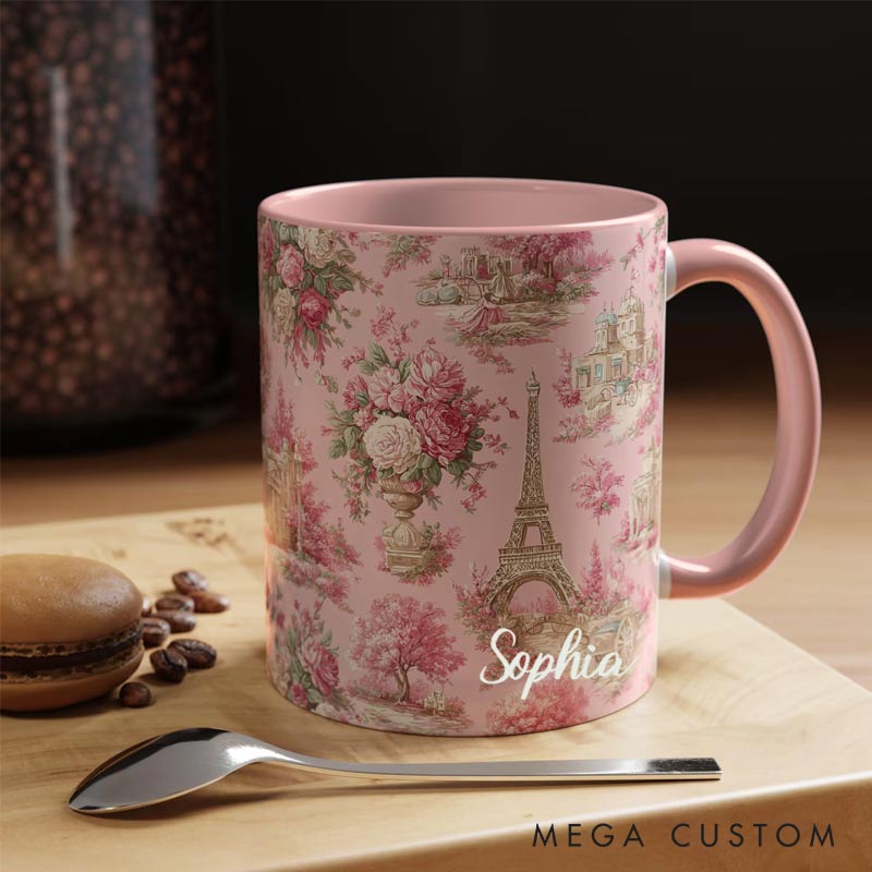 Personalized Pink Paris Toile Mug Eiffel Tower Chinoiserie Coffee Cup for Traveling Lovers