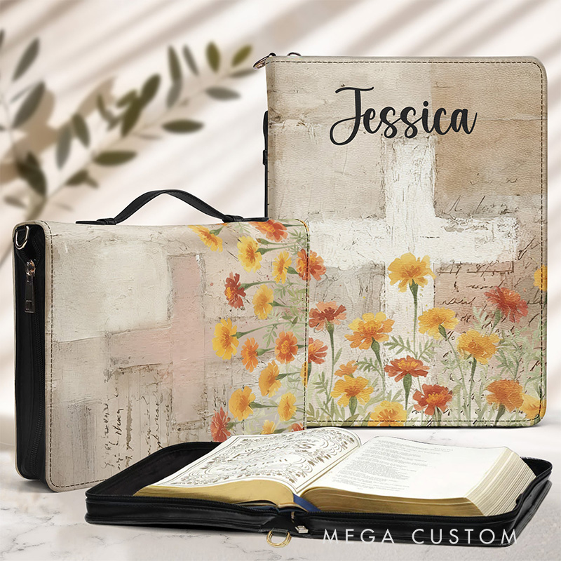 Personalized Watercolor Birth Flower Cross PU Leather Bible Cover Case with Custom Name and Carry Handle Religious Birthday Gift for Christian Women
