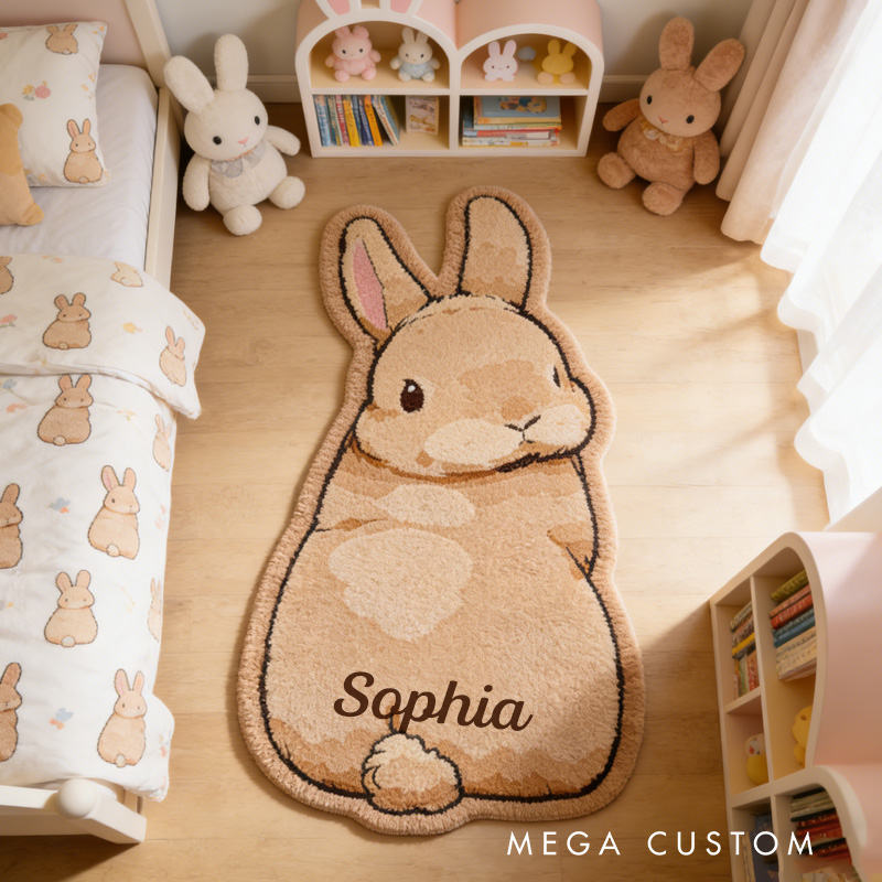 Personalized Cute Bunny Theme Custom Name Fluffy Animal Shape Warm Nursery Carpet Rug for Kids