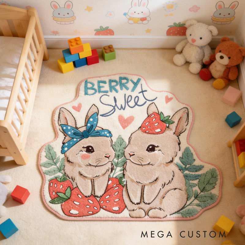 Personalized Bunny Theme Custom Name Cute Rabbits with Strawberries Sweet Pastel Carpet Rug for Kids