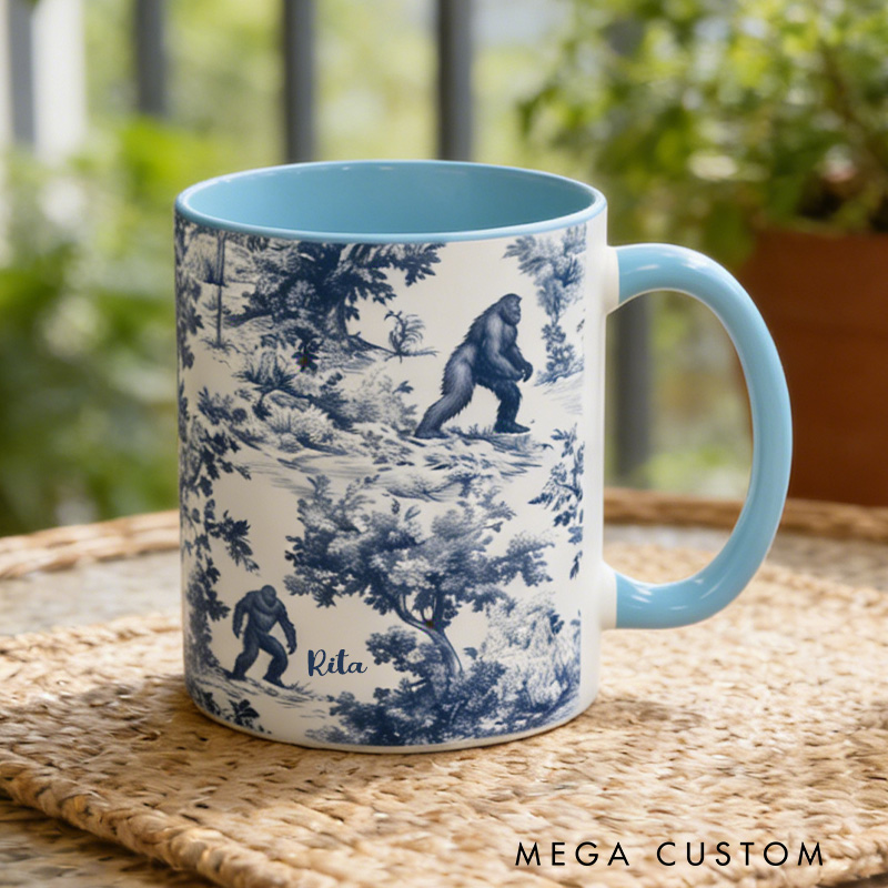 Personalized Toile-Style Mug Cryptid Lover Blue Toile Coffee Cup Paranormal Gift Outdoor Nature Lover Gift